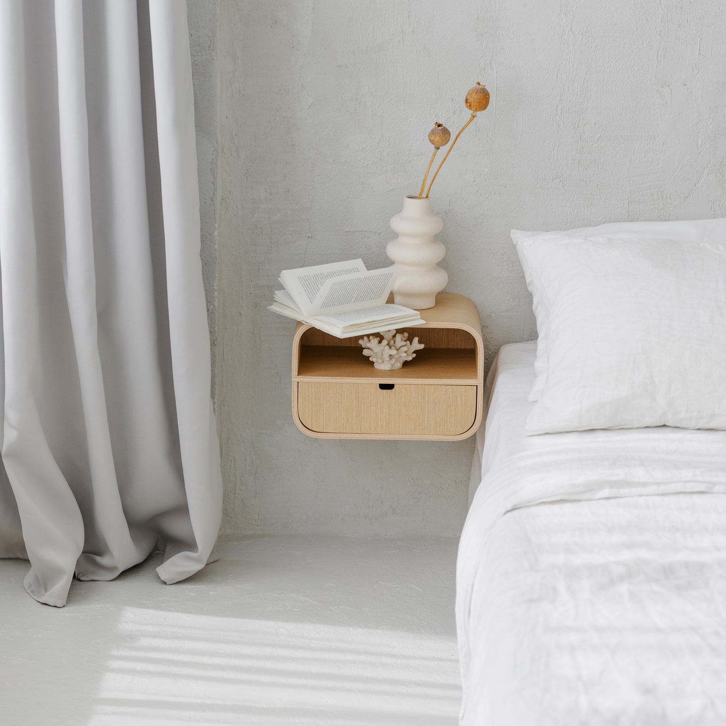 Floating Nightstand with Drawer, Minimalist Wall Mounted Oak Bedside Table