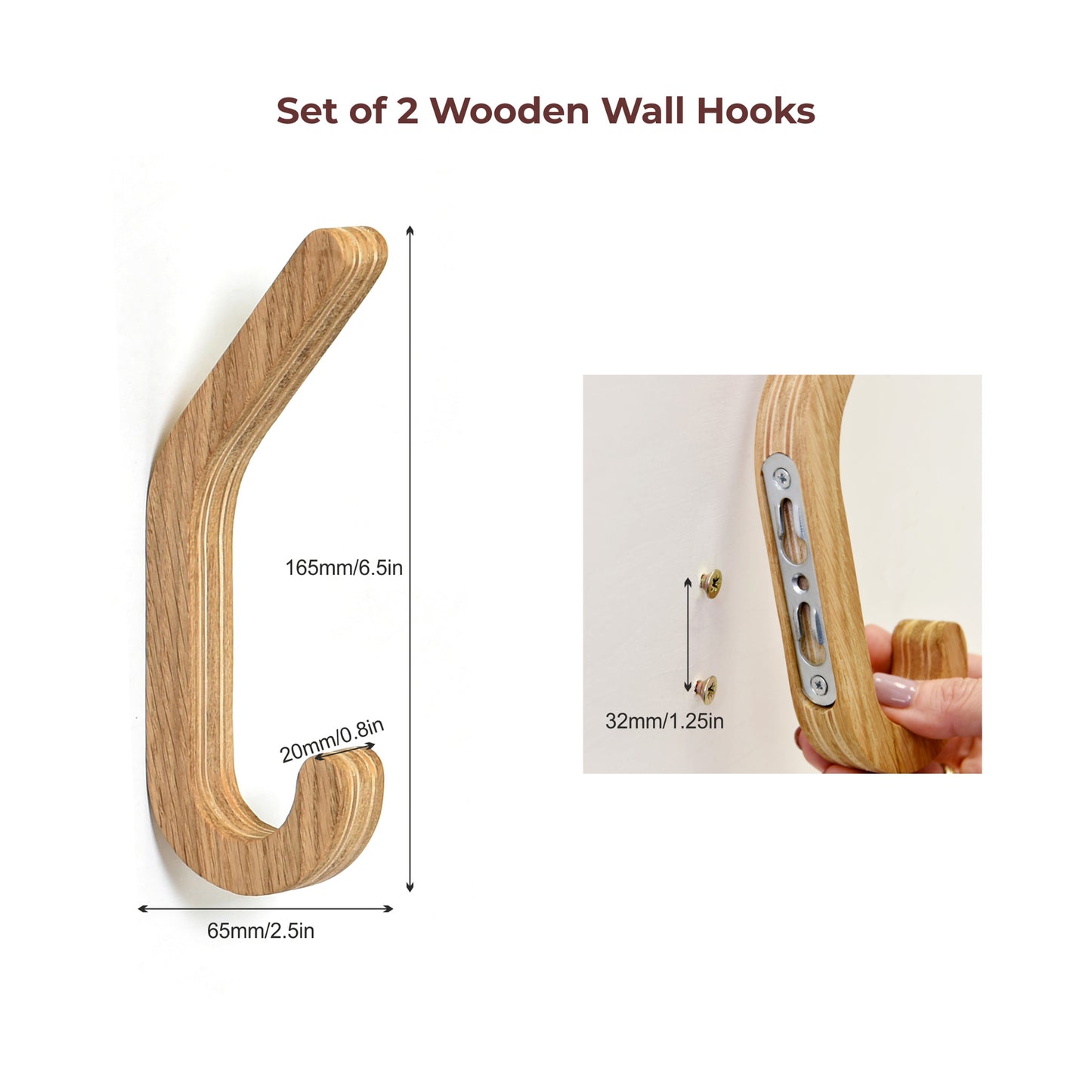 Set of 2 Wooden Wall Hooks for Coats & Storage Organization