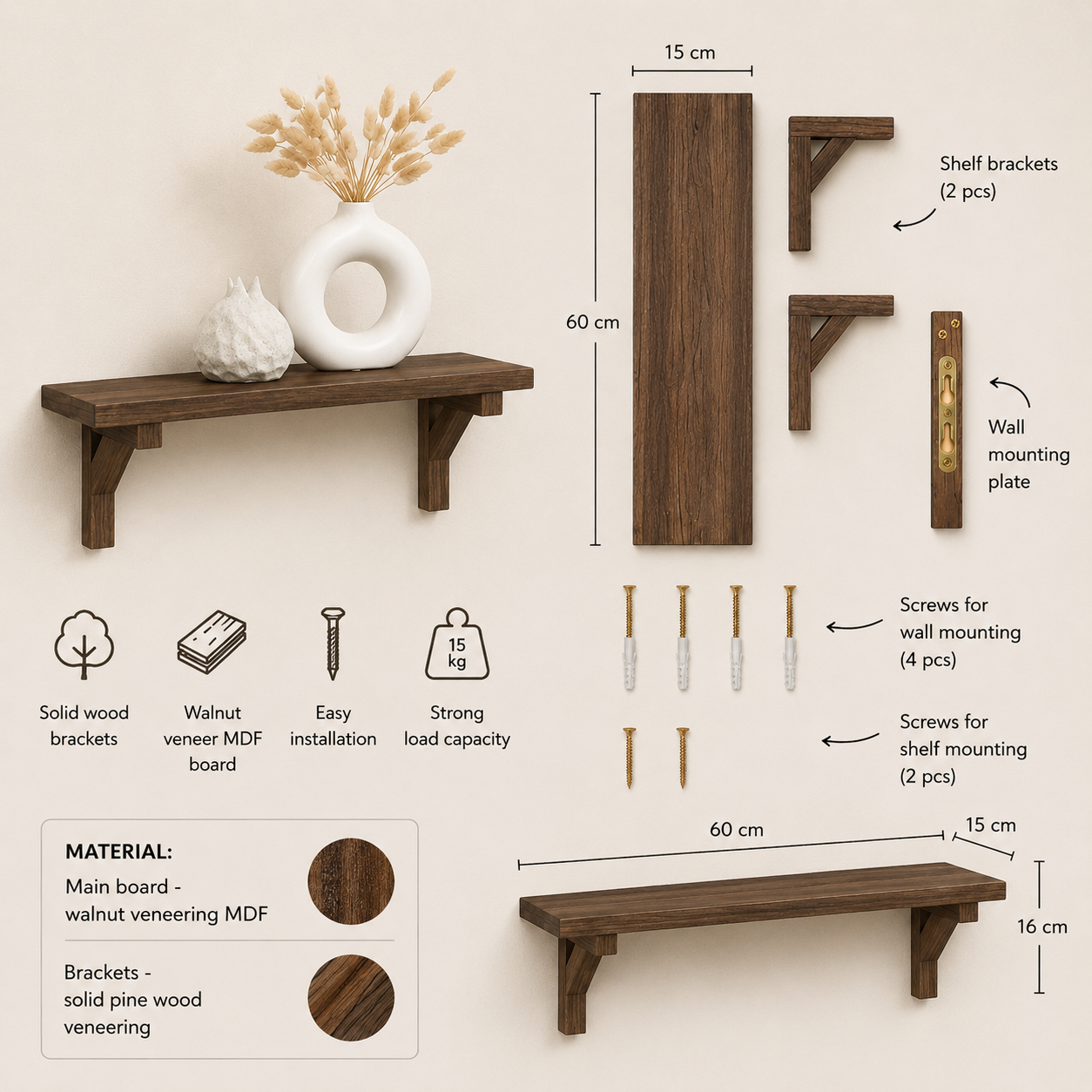 Walnut Floating Shelf with Hidden Wooden Brackets - Modern Wall Shelf