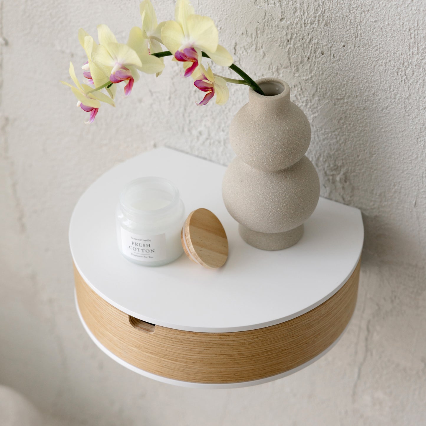 Floating Nightstand with Drawer, Rounded Wood Wall Shelf