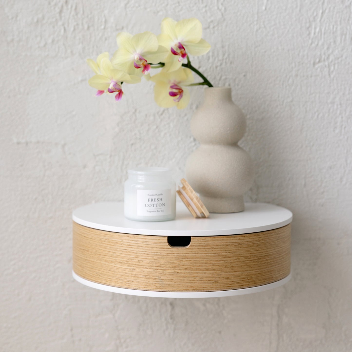 Floating Nightstand with Drawer, Rounded Wood Wall Shelf