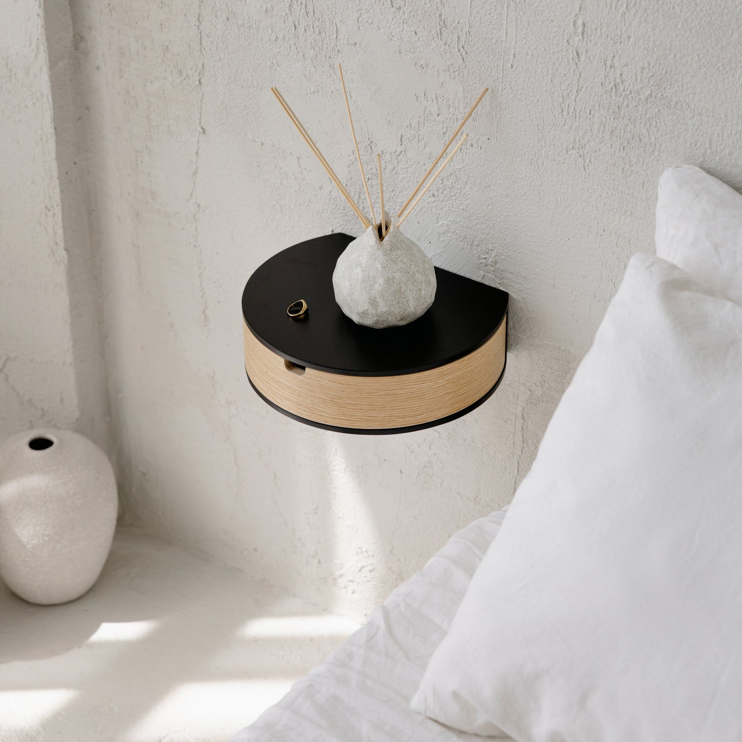 Floating Nightstand with Drawer, Rounded Wood Wall Shelf