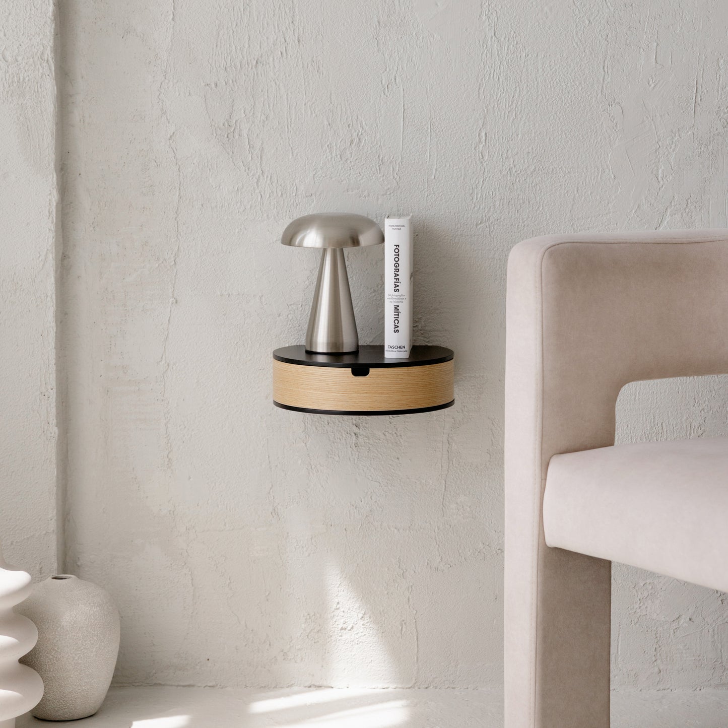 Floating Nightstand with Drawer, Rounded Wood Wall Shelf