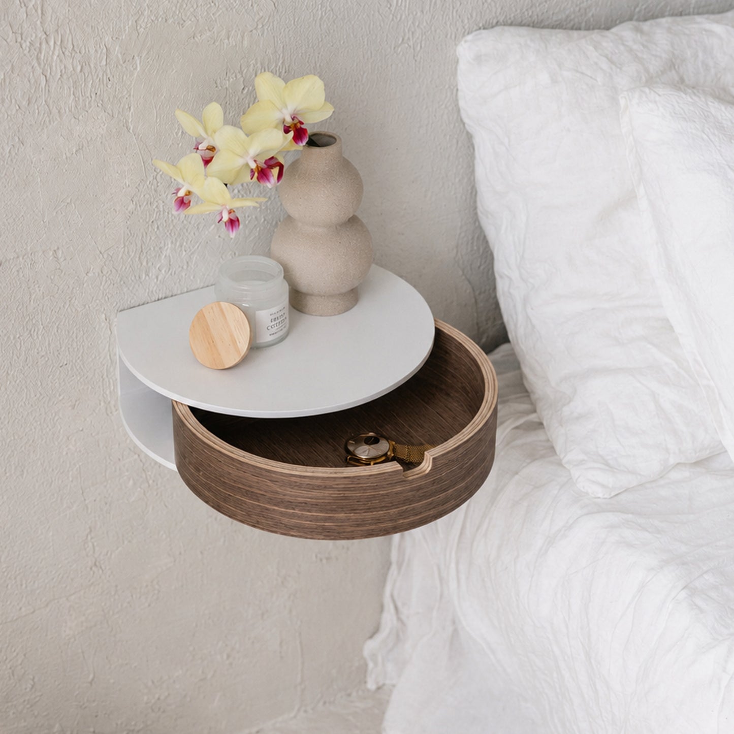 Floating Nightstand with Drawer, Rounded Wood Wall Shelf