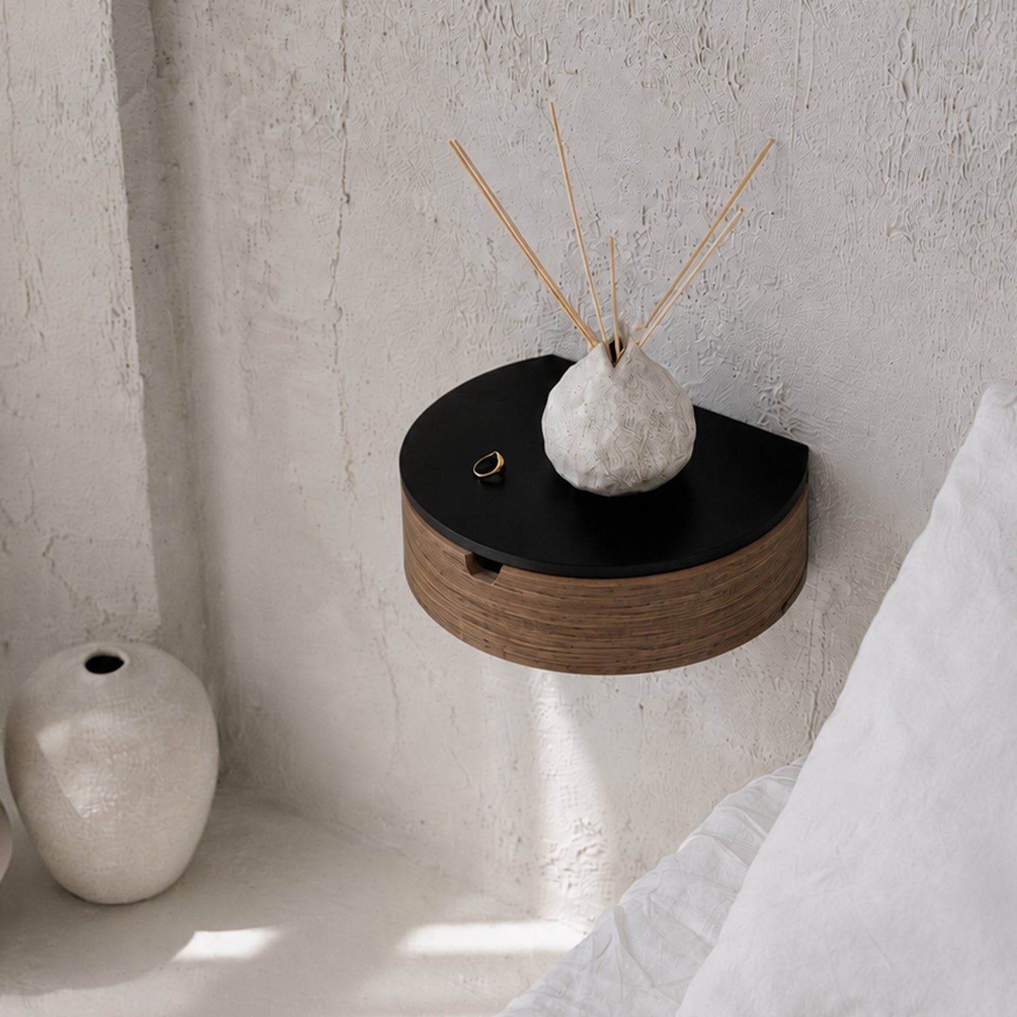 Floating Nightstand with Drawer, Rounded Wood Wall Shelf