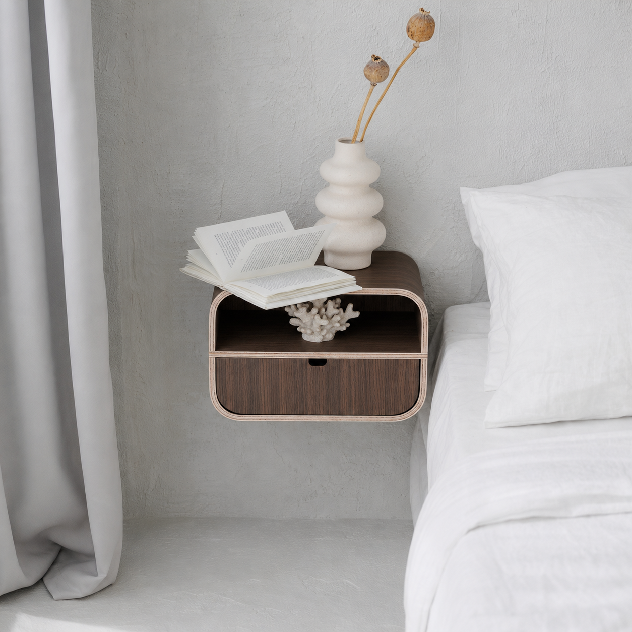 Floating Nightstand with Drawer, Minimalist Wall Mounted Oak Bedside Table