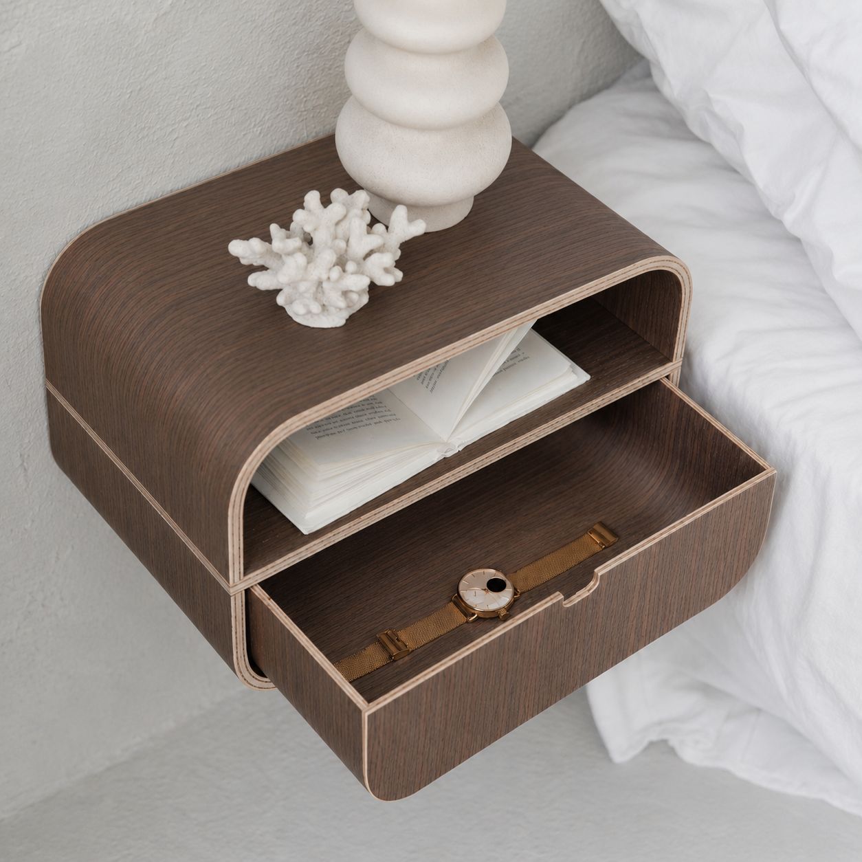 Floating Nightstand with Drawer, Minimalist Wall Mounted Oak Bedside Table