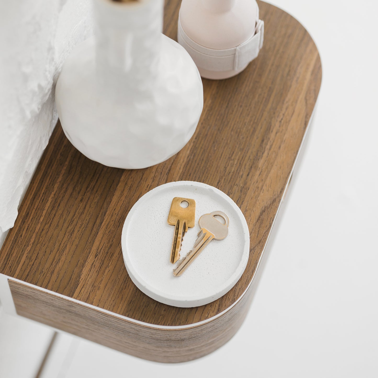 Big mounted bedside wooden nightstand, Scandinavian home interior stone shelf