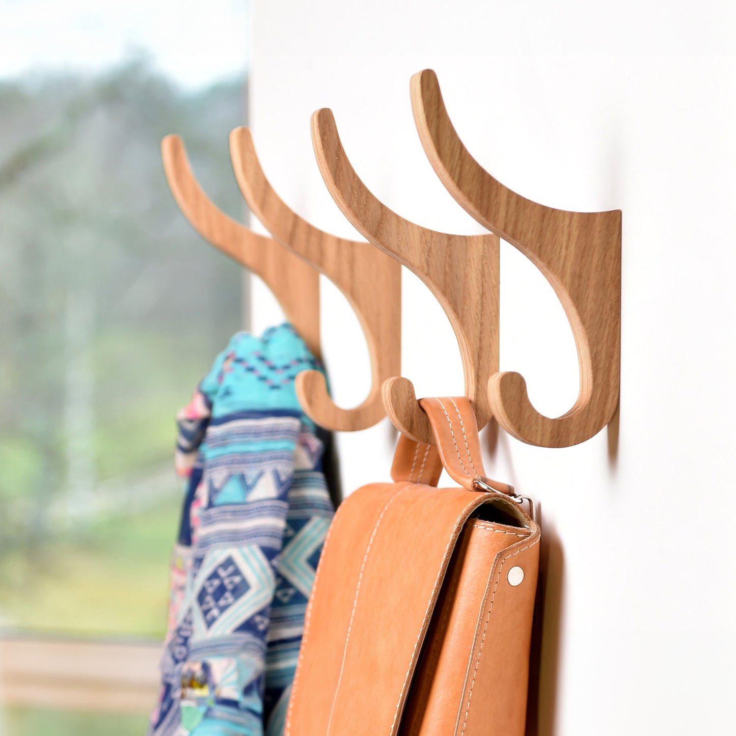 Set of 2 Wooden Wall Hooks for Storage Organization, Oak