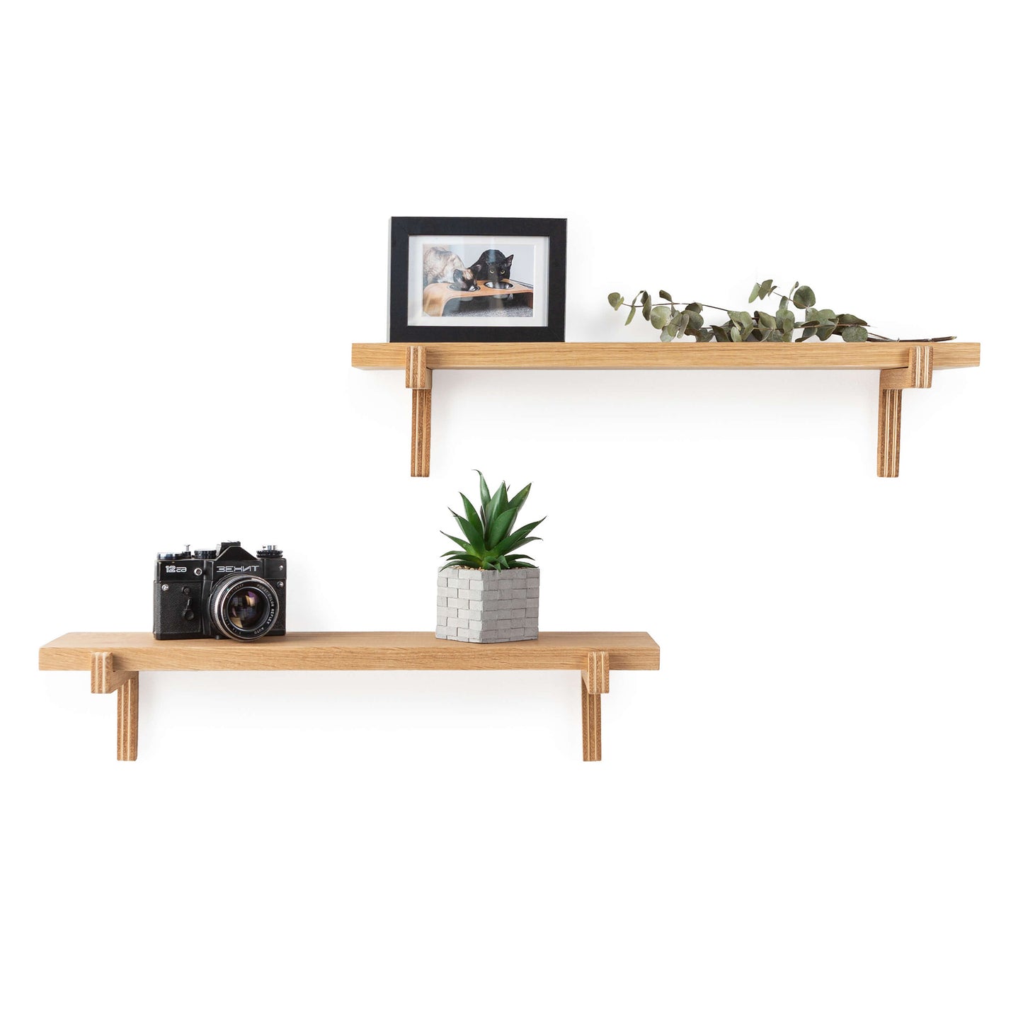 2 Floating Wooden Wall Shelves – Oak Shelves with Holders for Home & Office