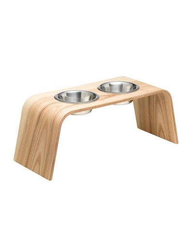Wooden feeding station with two bowls large size, ash tree