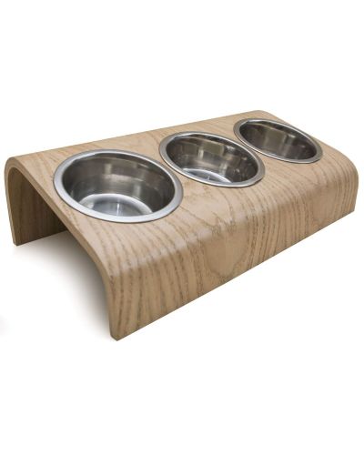 Wooden triple bowl stand for cats and dogs, oak
